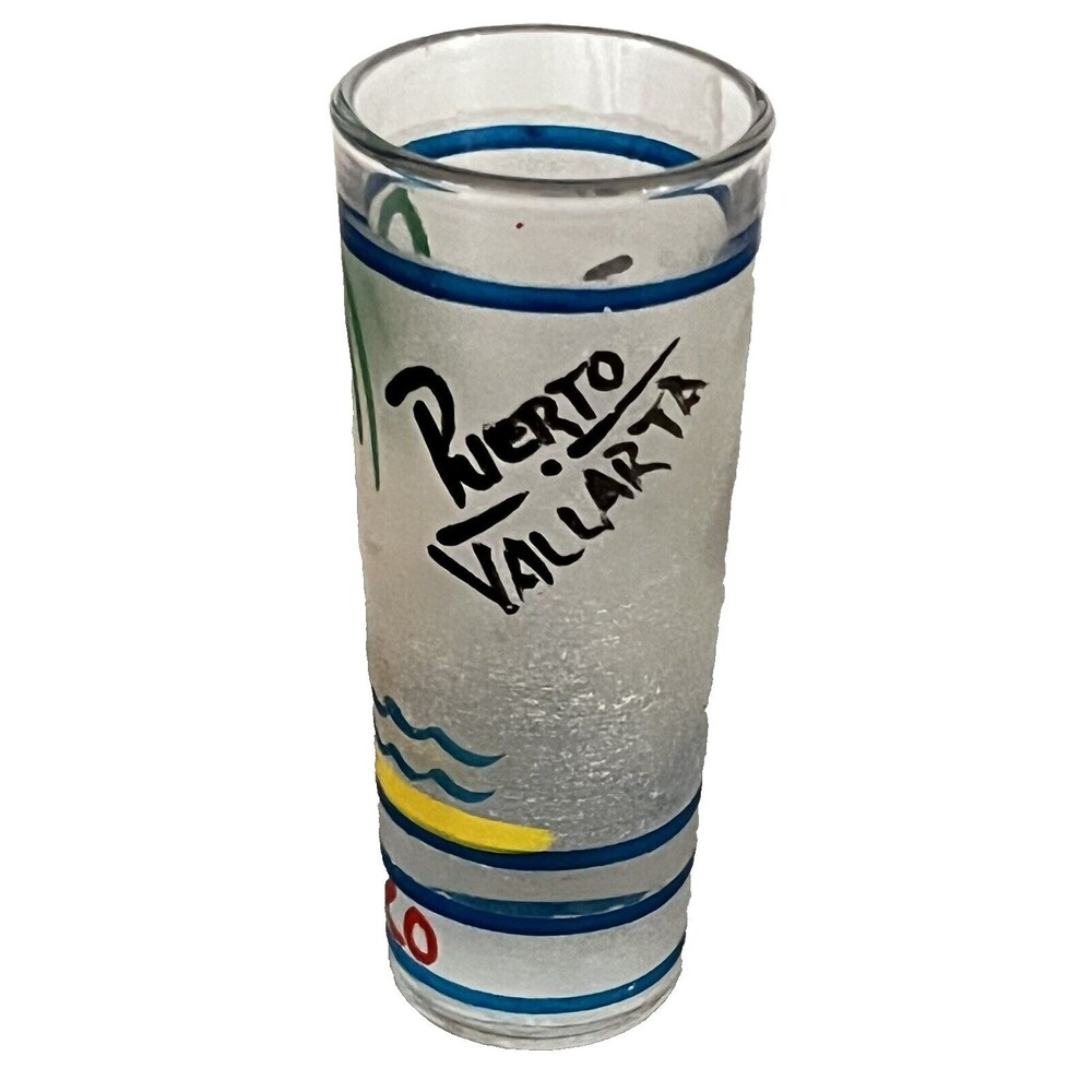 Vintage Shot Glass 80s Puerto Vallarta Frosted Painted Palm Tall Bar Shooter